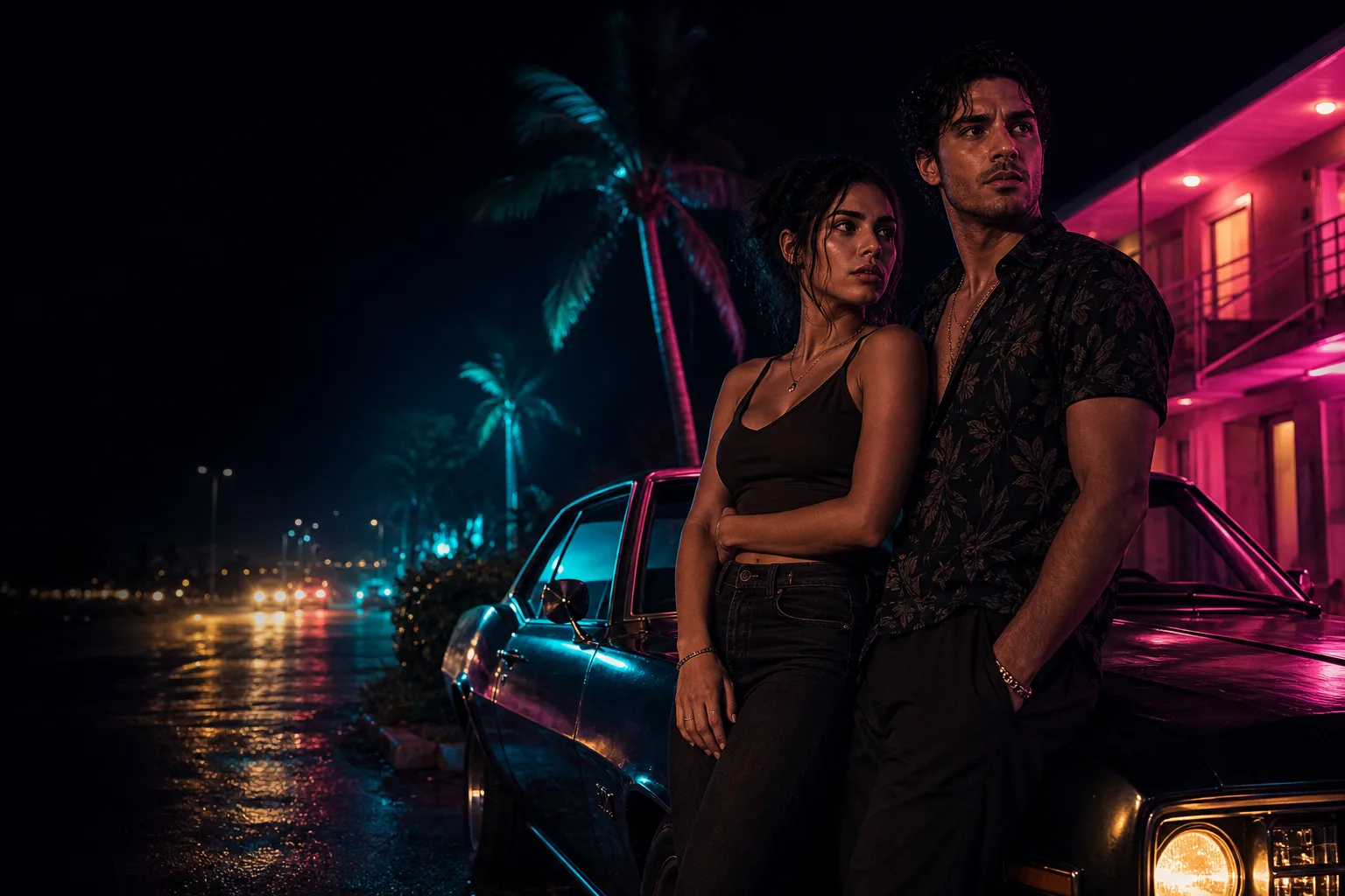 Independent editorial concept of a fictional couple beside a car at a neon-lit tropical motel