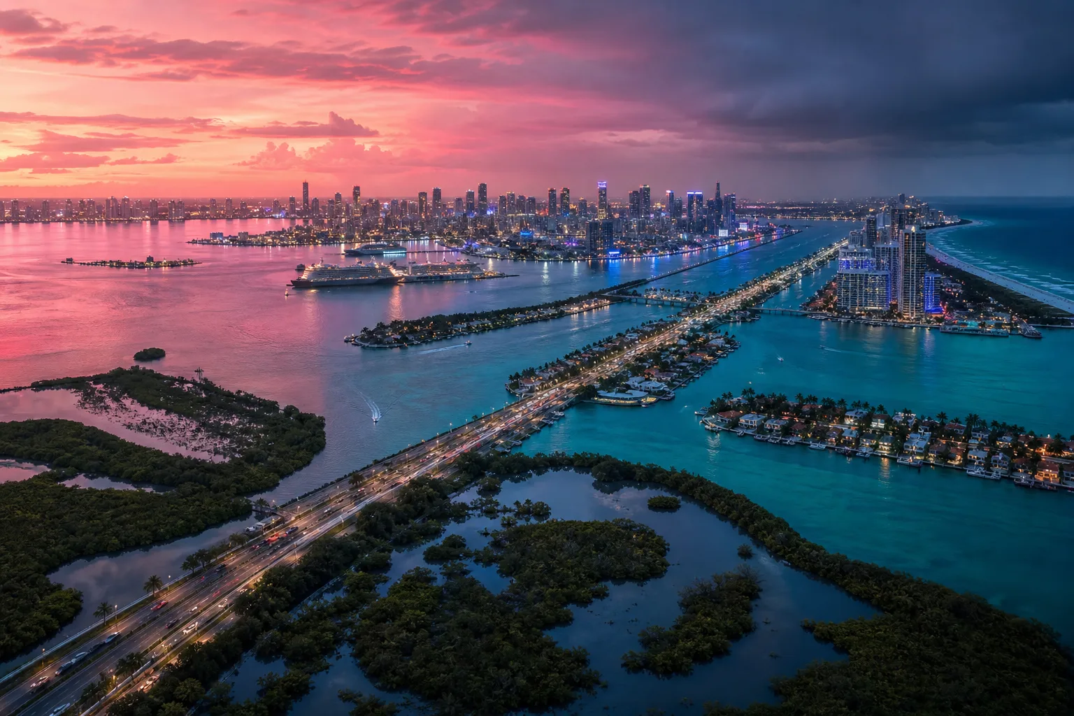 Editorial concept of a tropical coastal city, causeways, islands, and wetlands at sunset